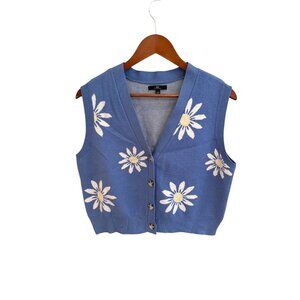 Daisy Patterned Blue Sleeveless Button-Up Sweater Vest By My Michelle L